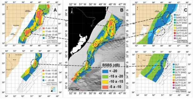 Fig. 5. Seabed Acoustic Map generated by FIGUEIREDO JR &amp; MADUREIRA (2004) (A); Seabed Acoustic Map generated in  the  present  study  (B);  Sedimentological  map  generated  by  FIGUEIREDO  JR  &amp;  MADUREIRA  (2004)  (C)