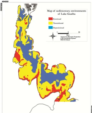 Fig.  6.  Map  of  sedimentary  environments  of  Lake  Guaíba,  based  on  the  systematized  information  on  sedimentary  distribution,  which  are  typical  of  incident  waves,  orbital  motion,  boundary  layer,  and  the  beginning  of  a  turbulent