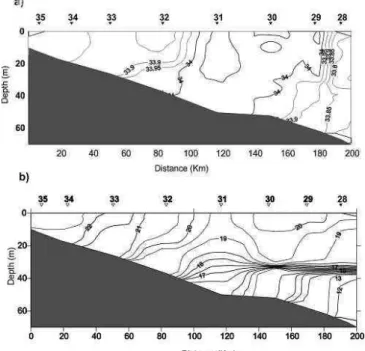 Fig.  2.  Profiles  of  salinity  (a)  and  temperature  (b)  at  El  Rincón  frontal  system