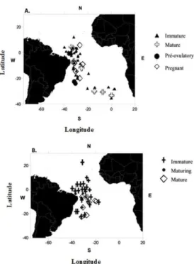Fig. 2. Geographical location of the specimens caught for this  study.  Map  1A  represent  females  and  map  1B  represents  males