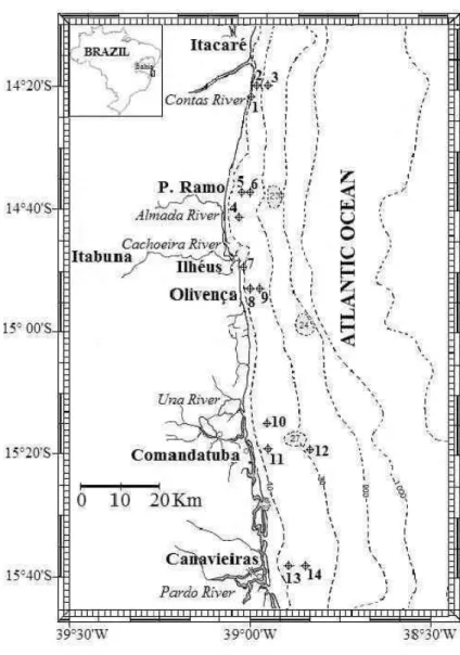Fig.  1.  Map  of  the  study  area  showing  the  location  of  sampling  stations  on  the  inner  continental shelf between Itacaré and Canavieiras, Bahia