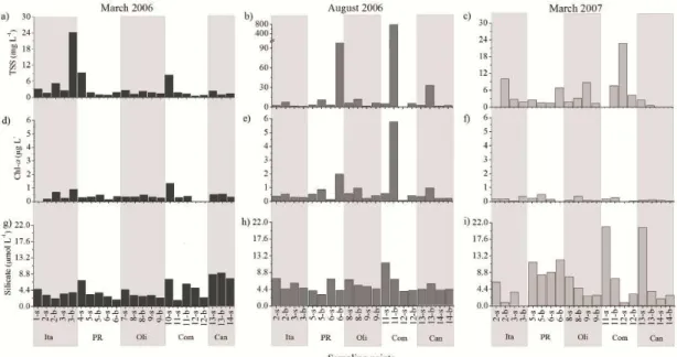 Fig. 4.  TSS, chlorophyll-a and silicate concentrations. 