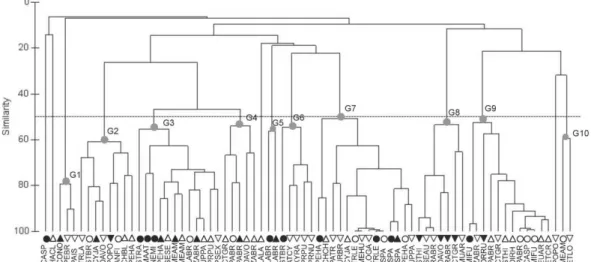 Fig. 6. Dendrogram showing the trophic groups of fish sampled in Santos Bay (circle), inner shelf (triangle) and middle shelf  (inverted triangle) during the winter  (W = September 2005, closed symbols) and summer (S = March 2006, open symbols)