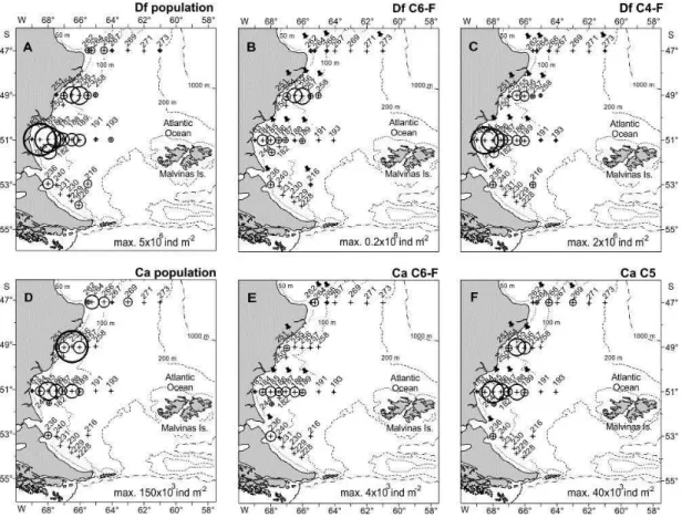 Fig.  6.  Spatial  distribution  and  abundance  of  (A)  all  copepodite  stages  of  Drepanopus  forcipatus,  (B)  C6-F  Drepanopus  forcipatus,  (C)  C4-F  D