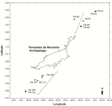 Fig.  2.  Map  of  the  Fernando  de  Noronha  Archipelago  with  sampling  stations  along  two  transects: one transect downstream and one upstream in relation to the prevailing surface current  (indicated by arrows), in July-August 2010