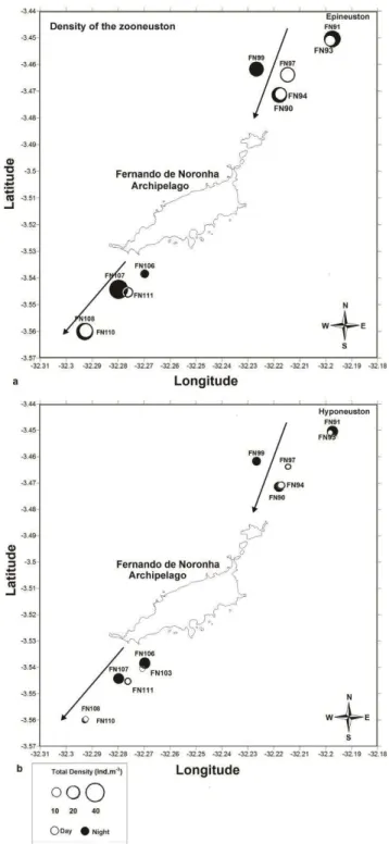 Fig.  5.  Spatial  distribution  of  the  density  of  the  zooneuston  sampled  off  Fernando de Noronha Archipelago from July to August 2010