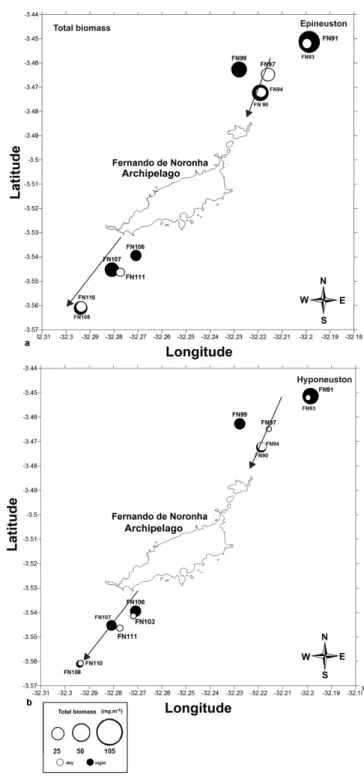 Fig.  6.  Spatial  distribution  of  the  biomass  of  the  zooneuston  sampled  off  Fernando de Noronha Archipelago from July to August 2010