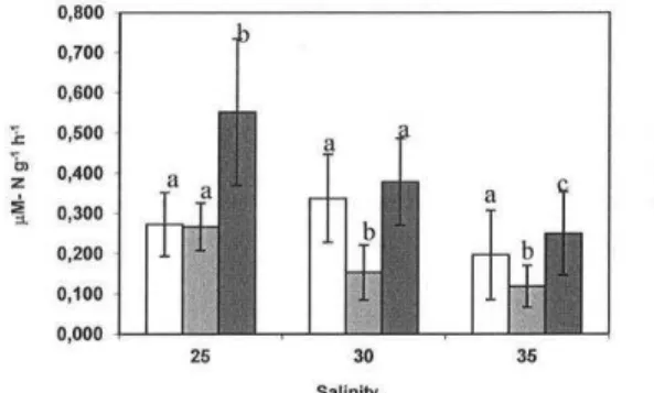 Fig. 4. Mean (±SEM) ammonia excretion rate (µM-N g -1  h -1 )  of Bovallia  gigantea  as  a  function  of  salinity  at  different  temperatures