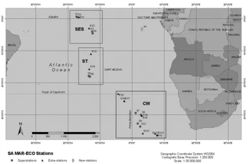 Fig. 2. Sample areas of South MAR. Only superstations (circles) were used herein. 