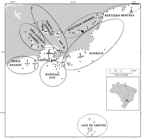 Fig. 1. Stations for ecotoxicological tests (small dots) and 9 areas locations (circles) defined  according to the use and types of anthropogenic interference from Baixada Santista
