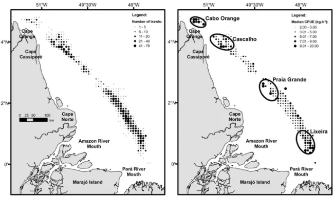 Table 1. Number of hauls (%) and CPUE (kg.h -1 ) of southern brown shrimp on the Amazon continental shelf according to  the bathymetric and strata form data.