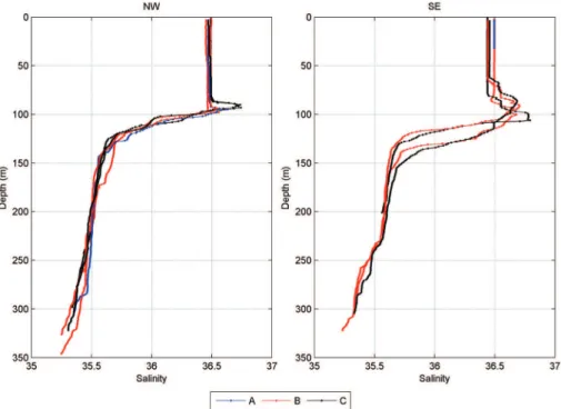 Figure 4. Vertical pattern of salinity at points A, B and C around the Rocas Atoll (South Atlantic) in 2010.