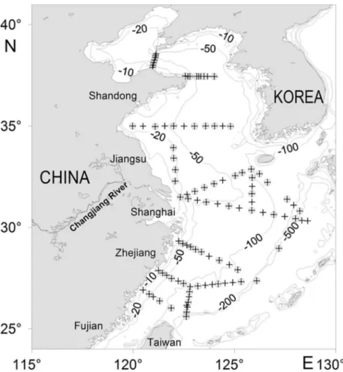 Figure 1. Map of the study area showing the positions of the oceanographic (+) and biological (○) stations, with  isobaths of 10, 20, 50, 100, 200, and 500 m.