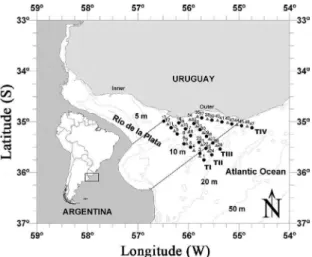 Figure 1. Map of the study area with the position of the surveyed  stations; ●, all parameters; ▼, only CTD station.