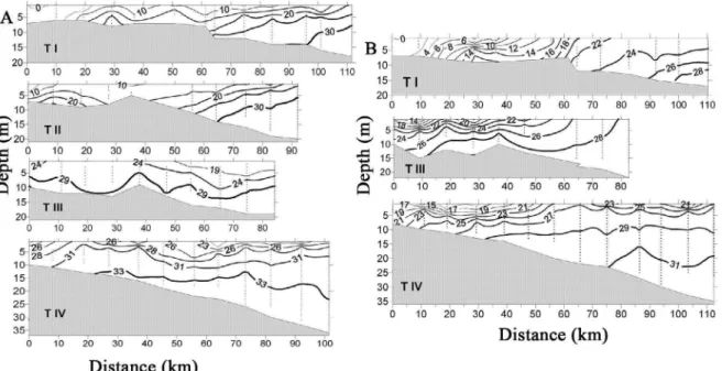 Figure 3. Salinity vertical sections during autumn (A) and spring (B), small dots display the surveyed depth at each station.