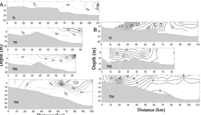 Figure 4. Vertical distribution of chlorophyll a (μg L -1 ) during autumn (A) and spring (B).