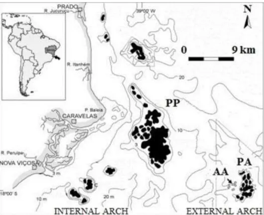 Fig. 1. Location of the Parcel das Paredes (PP), Arquipélago de Abrolhos (AA), and Parcel dos Abrolhos  (PA) areas in the region of Abrolhos  –  BA, Brazil