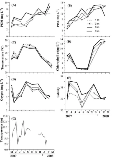 Figure 1. Variation of environmental variables: A) POM; B) PIM; C) Chlorophyll a; D) Oxygen; E) Temperature; F) Salinity and G) transparency,  at the diferent depths studied.