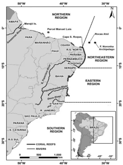 Figure 1. Location of the coral reef regions along the Brazilian coast.