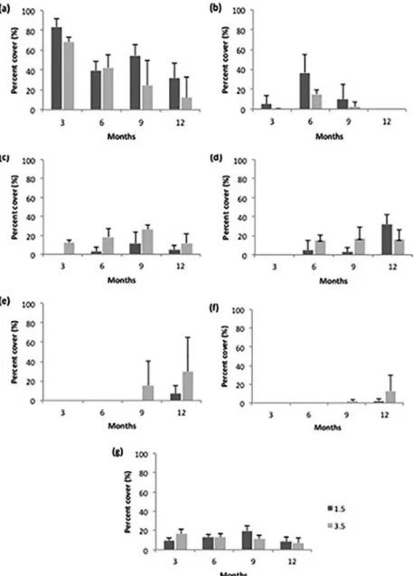Figure 6. Mean values and standard deviations of the percent cover of the fouling organisms that contributed most to the dissimilarity between  the 1.5- and 3.5-m depths at 3, 6, 9 and 12 months (a