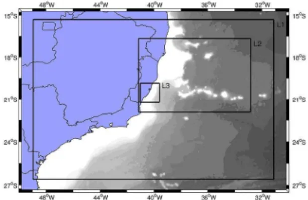 Figure 2. Geographic positions of the grids used to transpose the  boundary conditions from the larger grid to the grid with the highest  spatial resolution.