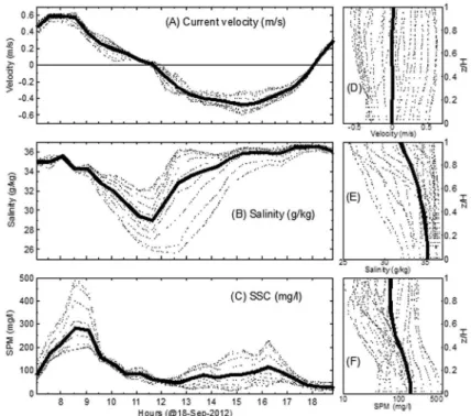 Figure 6. Left panels: time series of the depth averaged (bold line) and of each level (dashed lines) for (A) current velocity, (B) salinity and (C)  suspended particulate matter (SPM)