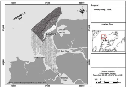 Figure 2.  Bathymetric proiles at the São Luís tidal inlet and adjacent coastal areas surveyed by VALE in 2006.