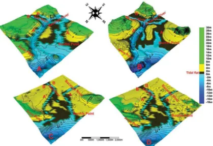 Figure 3. Bathymetry maps of São Luís tidal inlet, in the period 1947 (A), 1966 (B), 2006 (C) and 2011 (D)