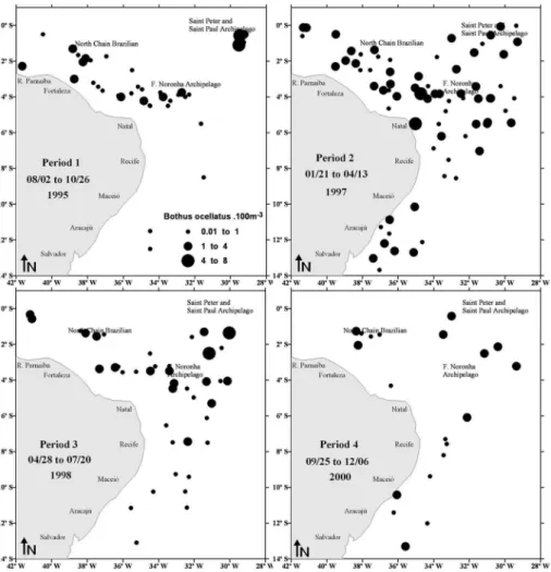Figure 3. Temporal and spatial distribution of Bothus ocellatus larvae in the equatorial Atlantic Ocean.