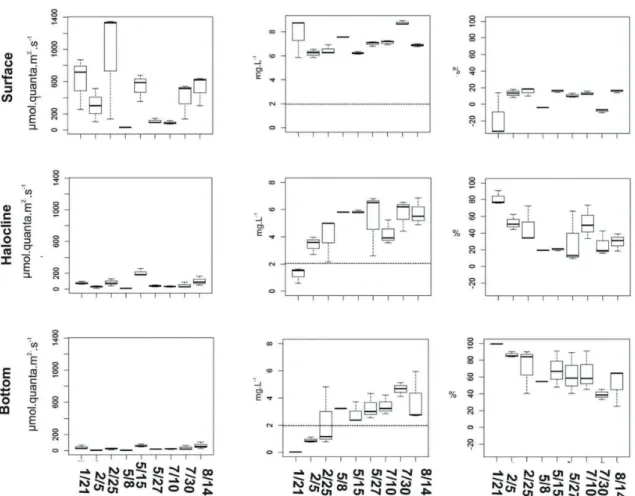 Figure 5. Median, quartiles, minimum and maximum of Photosynthetic Active Radiation (μmol.quanta.m −2 .s −1 ), Dissolved Oxygen (mg.L -1 ) and  Apparent Oxygen Utilization (%) in the surface, halocline and bottom waters of the CCL in summer (1/21, 2/5 and 