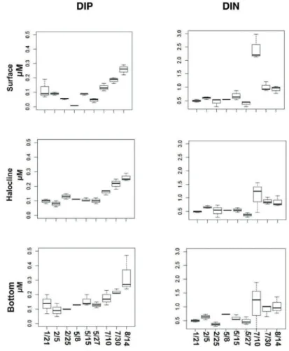Figure 6.  Median,  quartiles,  minimum  and  maximum  of  DIP  (μM)  and  DIN  (μM)  in  the  surface, halocline and bottom waters of the CCL in summer (21/1, 5/2 and 25/2), fall (8/5,  15/5 and 27/5) and winter (7/10, 7/30 and 8/14) of 2014.