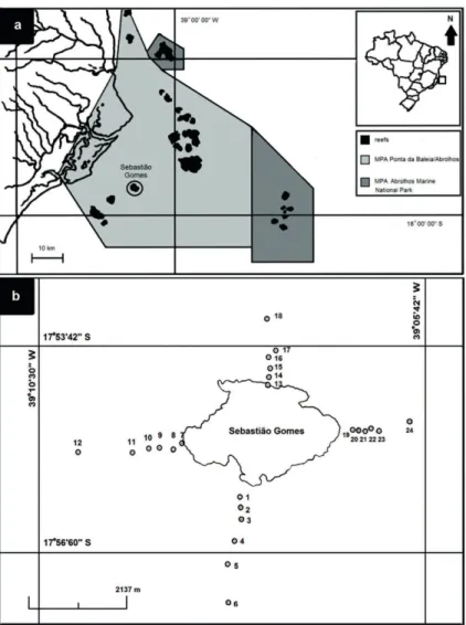 Figure 1. Location of Abrolhos Bank on the East Brazilian continental shelf (a) and sample  stations around Sebastião Gomes reef (b).