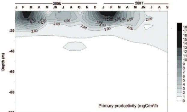 Figure 3. Distribution of temperature ( o C) at the sampling station in  Cariaco Basin from January 2006 to September 2007