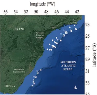 Figure 1. Sample sites from surveys using bottom-trawl during 2001  and  2002,  also  corresponding  to  the  commercial  catches  of  2004  (symbols represent the groups used in the analysis: Area A=triangle,  Area B=square, Area C=diamond, Area D=asteris
