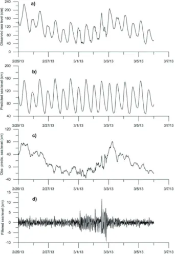 Figure 2. (a) Sea level data observed at Mar del Plata, (b) mixed mainly  semi-diurnal tides, (c) low-frequency perturbations associated with storm  surges and (d) high-frequency oscillations, ranging from a few minutes to  almost 3 h, related to meteorolo