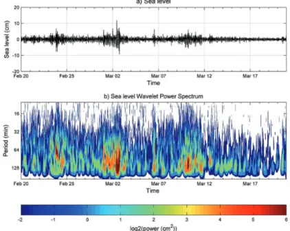 Figure 5. (a) First selected sea level data series, from February 20 to March 21, 2013 and (b)  wavelet spectrum 