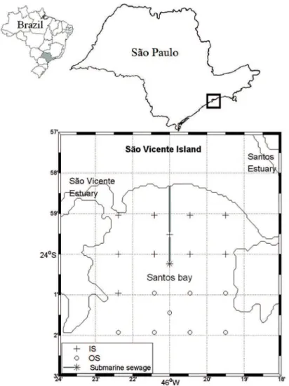 Figure 1. Santos Bay (São Paulo State, Brazil) and the oceanographic stations occupied during  the study