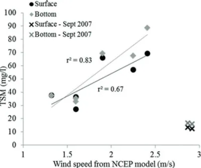 Figure 5. Linear regression between the modeled wind speed and the surface and near bottom  averages of TSM concentrations (N=8)