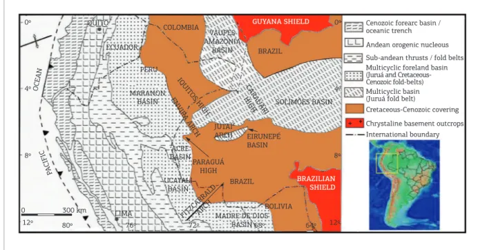 Figure 1. Tectonic geological map of westernmost South America. The Neogene Peruvian Iquitos High corresponds  to a small bulge in the Solimões Basin that does not separate it from the Acre Basin