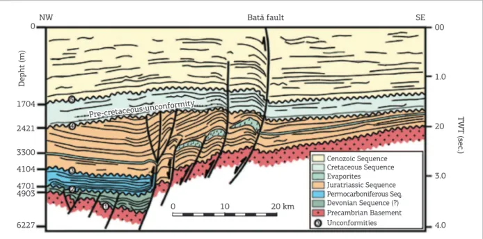 Figure 5. Seismic stratigraphic section of the Acre Basin. Old normal faults were reactivated as reverse faults in  the Late Jurassic (Juruá Orogeny) and Cenozoic times (Andean Orogeny) (based on Zalán 2004).