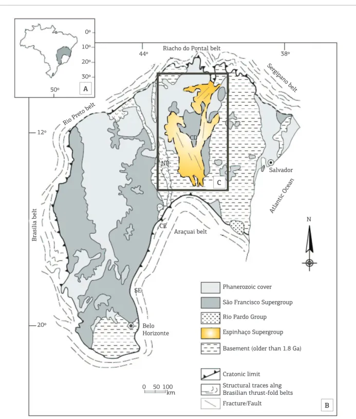 Figure 1. (A) Map of Brazil with highlighted São Francisco Craton. (B) Geological map of the São Francisco Craton  and surrounding belts