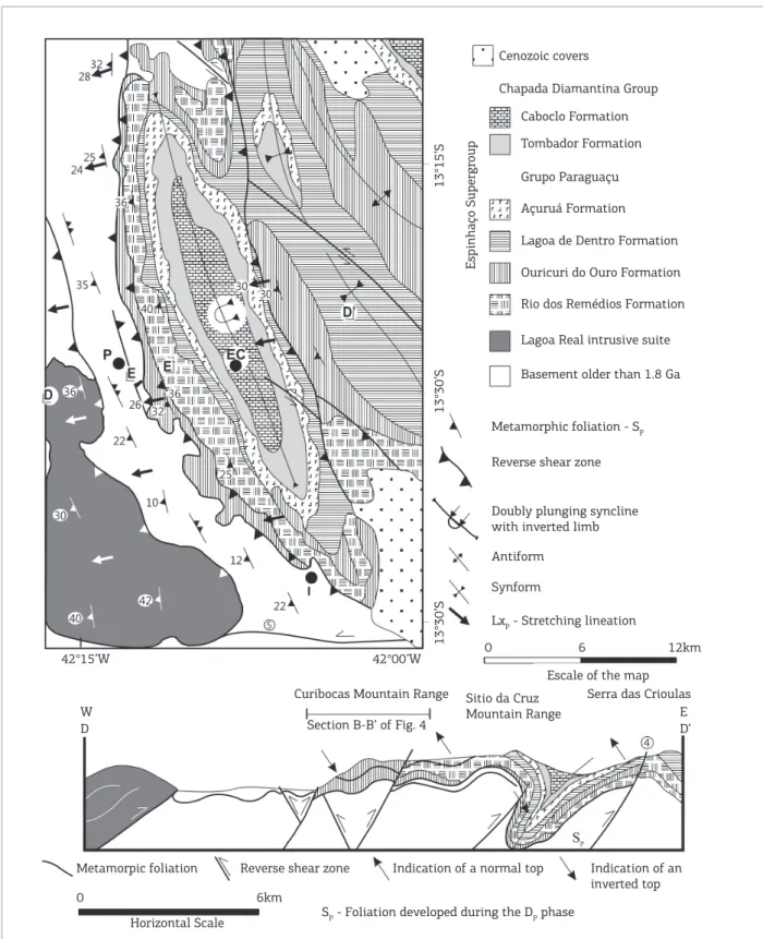 Figure 7. Schematic geological map and proile of the western margin of Chapada Diamantina Fold Thrust Belt in  the Paramirim region