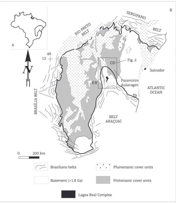 Figure 1. (A) Upper let inset locating the Sâo Francisco Craton at South American continent