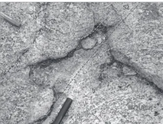 Figure 8. Cross-cutting relationship between the  foliation (S 1 ) and ductile shear zones (S 2 ) that are  parallel to the D 2  folds