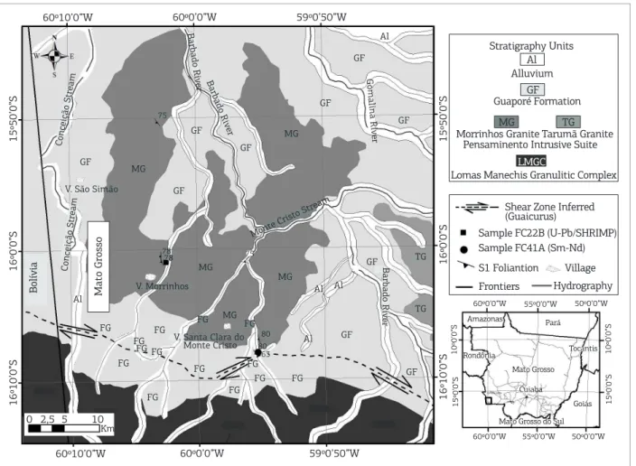 Figure 2. Geological map of the study area on a 1:300,000 scale.60º10’0”W60º0’0”W59º0’50”W60º10’0”W16º10’0”S16º0’0”S15º50’0”S 16º0’0”S16º10’0”S15º50’0”S60º0’0”W59º0’50”W 60º0’0”W 55º0’0”W 50º0’0”W60º0’0”W 15º0’0”S10º0’0”S15º0’0”S10º0’0”S55º0’0”W50º0’0”W0 2