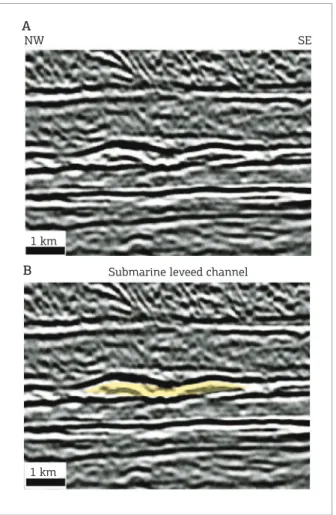 Figure 10. (A) Seismic line uninterpreted in the  Colombian Basin. (B) Slumps deposits deposited during  Early Miocene, across a high angle slope in the Colombian  basin