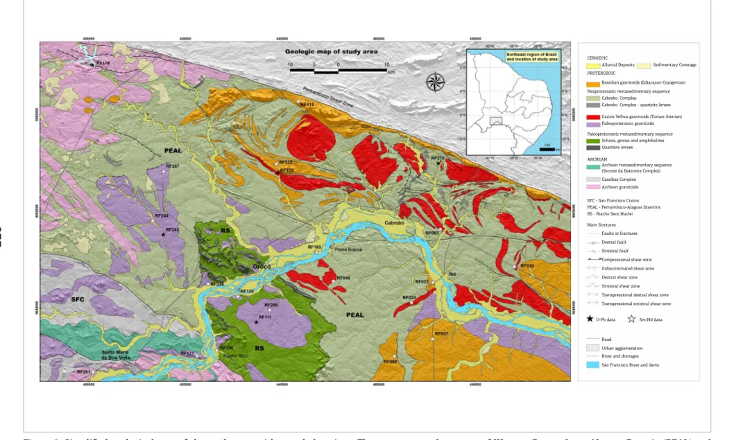 Figure 2. Simpliied geological map of the study area with sample locations. The map covers a large area of Western Pernambuco-Alagoas Domain (PEAL) and  a small portion of the São Francisco Craton in the SW of the study area