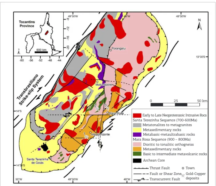 Figure 3. Schematic map of the Mara Rosa arc, the Tonian terrane (pre-Brasiliano evolution, island arc) of the  northern central part of the Tocantins Province