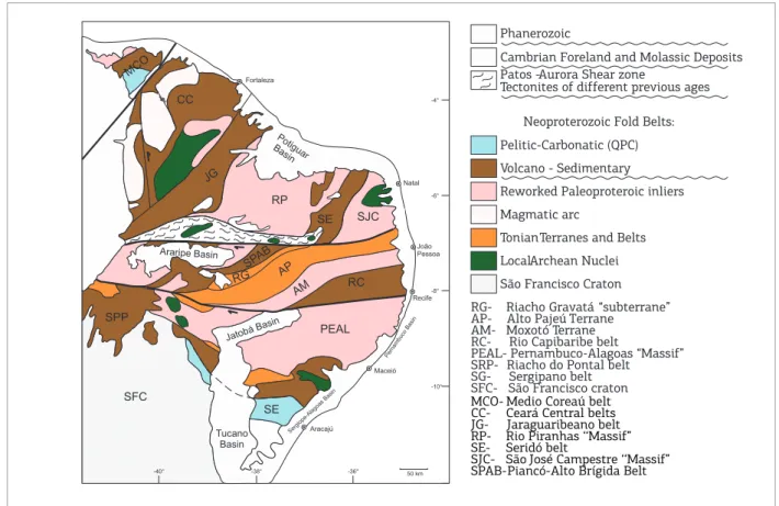 Figure 1. The Borborema Province, northeast of South America. Scheme of the main basement inliers and fold  belts (including cryogenian-ediacaran magmatic arcs)