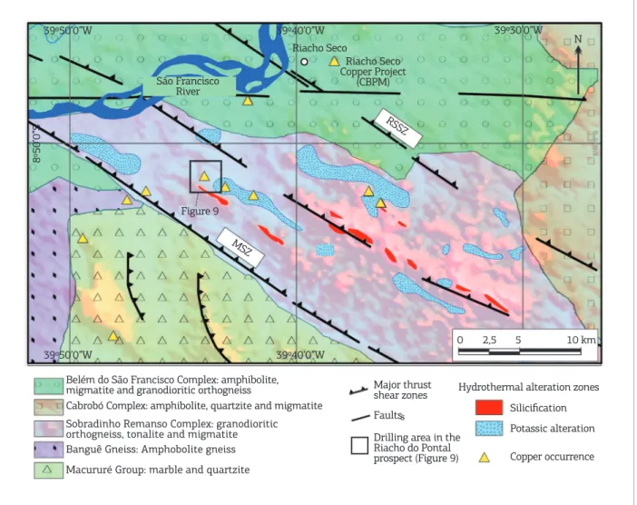 Figure 3 shows the local setting in the Riacho do  Pontal prospect area. he central portion of the Riacho  do Pontal prospect is predominantly characterized by 